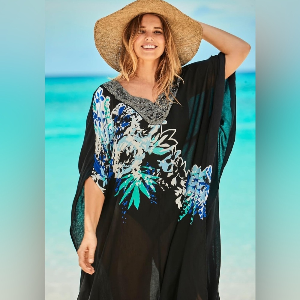 Swimsuits For All Black and Blue Floral Cover-Up